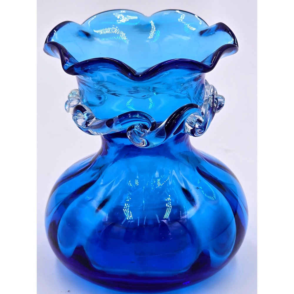 Vintage Pilgram Cobalt Blue Art Glass Vase Ruffled Rim Clear Rigaree 4" Bud Vase